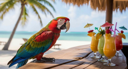 A colorful parrot perches on a wooden table next to vibrant cocktails at a tropical beach bar.