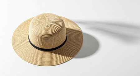 A stylish straw hat with a black band sits on a white surface in bright sunlight
