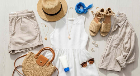 A collection of summer clothing and accessories laid out on a white surface