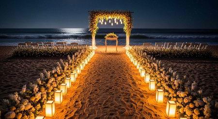A romantic beach wedding setup at night with a floral arch, lanterns, and candles leading to the ocean