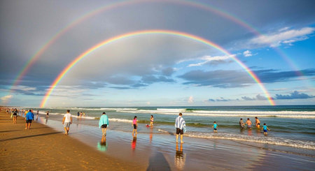 A vibrant double rainbow appears in the sky over a beach with people walking and playing in the shallow water