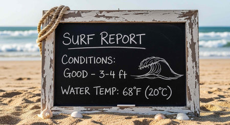 A weathered chalkboard sign displaying surf report details on a sandy beach with ocean waves in the background.