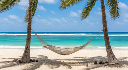 A serene beach scene with a hammock between two palm trees overlooking the ocean