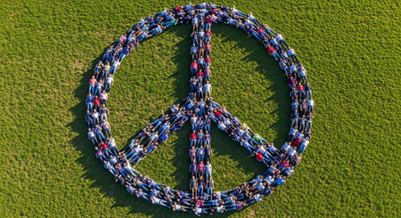 A large group of people forming a peace sign on a grassy field from an aerial view