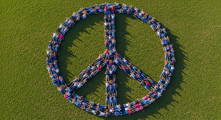 A large group of people forming a peace sign on a grassy field