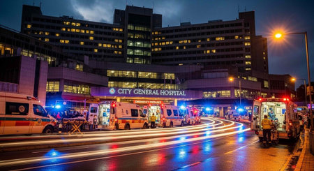 Emergency vehicles gathered outside City Central Hospital at night with flashing lights