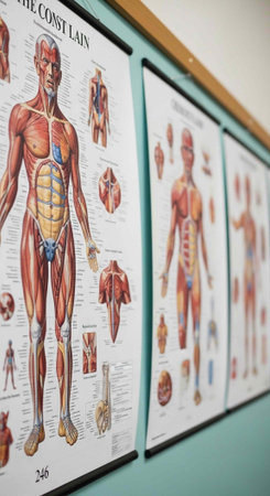 Anatomical posters of the human body hang on a wall in a medical or educational setting.