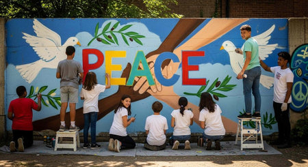 A group of diverse young people painting a vibrant mural of peace on a wall outdoors