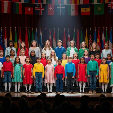 A group of diverse children standing on stage in front of flags from around the world