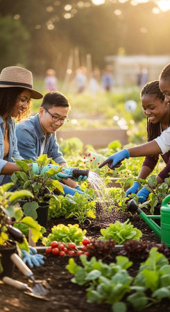 A group of people are gardening together in a community garden on a sunny day