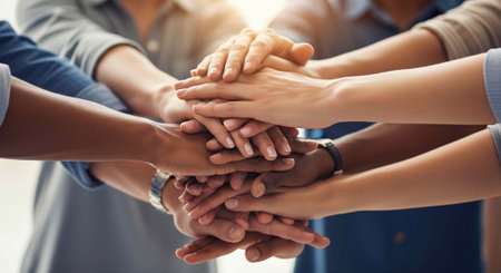 A group of diverse people stacking their hands together in unity and teamwork