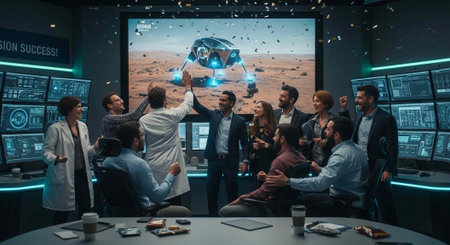 A group of diverse professionals celebrating a successful mission in a high-tech control room with a large screen display