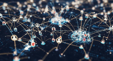 A network of interconnected people icons on a dark background representing social connections and relationships