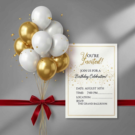 A birthday invitation card with balloons and a red ribbon on a gray background