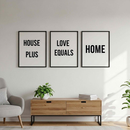 A modern living room with a wooden console table and inspirational wall art