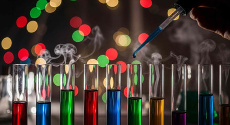 A laboratory setup with colorful liquids in test tubes and a dropper adding a substance to one of them
