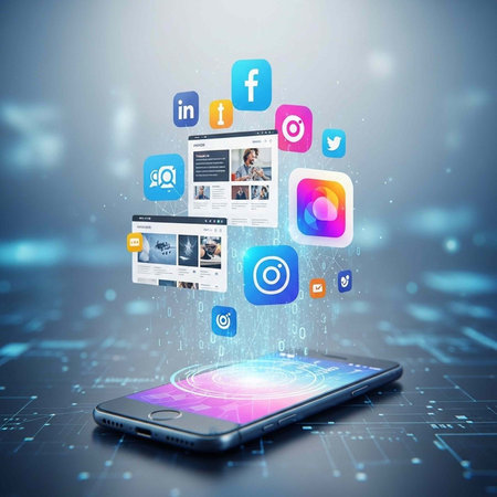 A smartphone displays social media icons floating above its screen in a futuristic digital environment.