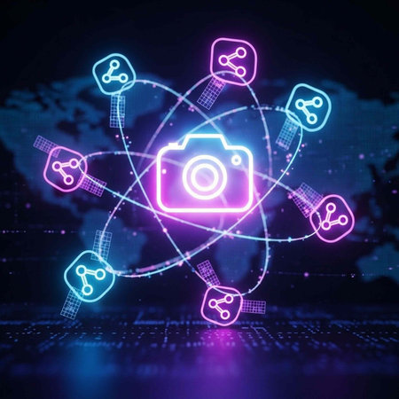 A vibrant neon graphic of a camera surrounded by interconnected icons on a dark background