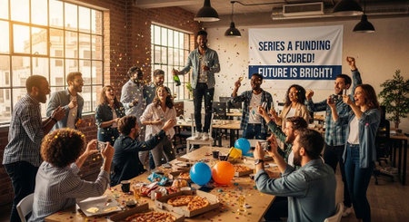 A group of diverse people celebrating in an office with a banner that reads Series A Funding Secured