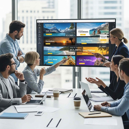 A group of business professionals gathered around a large screen in a modern office setting discussing marketing strategies