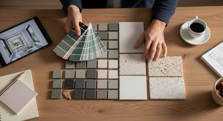 A person selecting tiles and colors for a home renovation project on a wooden table