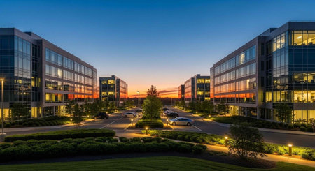 A serene office complex at sunset with modern buildings and lush landscaping