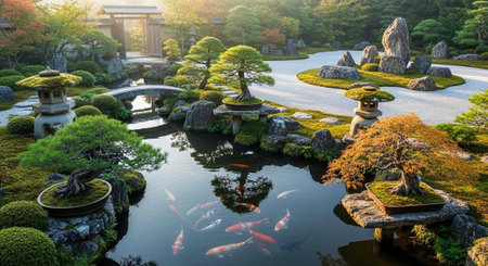 A serene Japanese garden with a tranquil pond and koi fish swimming in the water surrounded by lush greenery