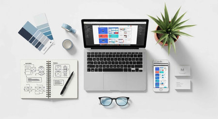 Top view of modern workplace with laptop, smartphone, notebook and stationery on white background. Flat lay.