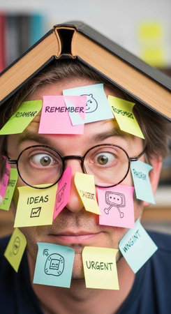 A man with a book on his head and sticky notes covering his face looks stressed and overwhelmed.