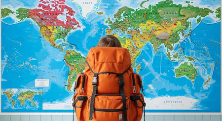 A young traveler with an orange backpack looks at a colorful world map on the wall.