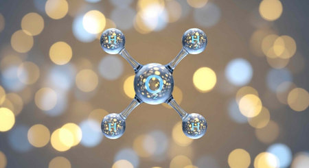 A detailed 3D rendering of a molecular structure with a reflective surface and a blurred background of lights