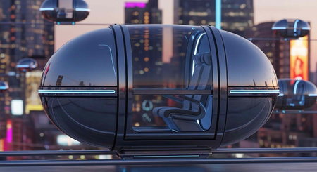 A futuristic transportation pod travels through a sleek cityscape at dusk with modern skyscrapers in the background.