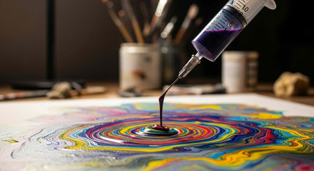 A syringe drips dark purple liquid onto a vibrant, multicolored abstract painting on a white canvas in a studio