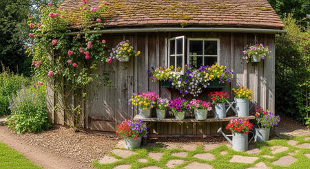 A charming wooden garden shed surrounded by vibrant flowers and lush greenery on a sunny day
