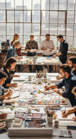 A group of people engaged in a creative art class in a modern studio with large windows