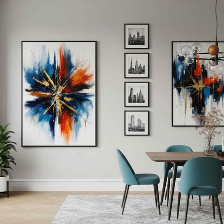 A modern dining room with abstract art and cityscape paintings on the wall