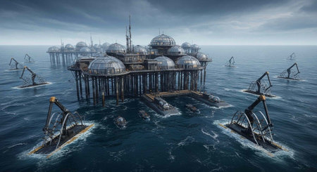 A futuristic offshore oil rig platform stands amidst a fleet of robotic fishing boats in the open ocean