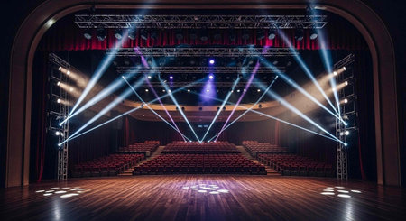 A dimly lit concert hall with a stage and seating area illuminated by multiple spotlights