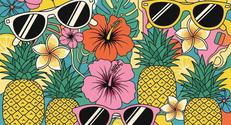 A vibrant and colorful illustration of sunglasses, pineapples, and tropical flowers on a bright background