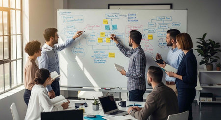A group of diverse colleagues collaborating and brainstorming ideas on a large whiteboard in a modern office