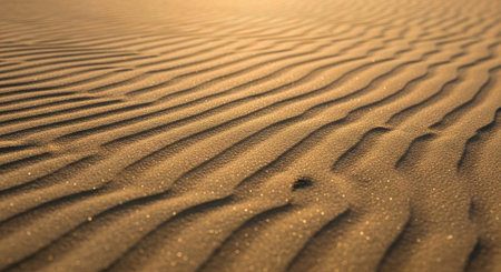 A close-up view of rippled sand in a desert landscape at sunset