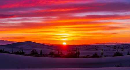 A breathtaking desert landscape during a vibrant sunset with sand dunes and cacti