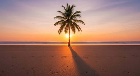 A serene beach scene at sunset with a lone palm tree standing tall on the shore