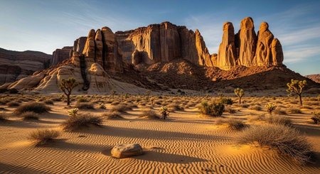 A serene desert landscape with a majestic rock formation under a clear blue sky at sunset