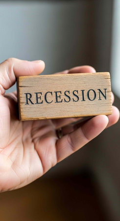 Businessman holding a wooden block with the word Recession in a conceptual image