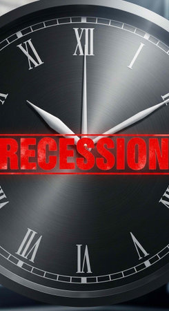 A clock with the words Recession on it. 3D illustration.