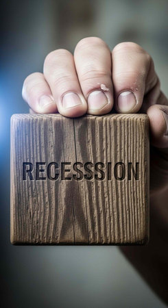Conceptual image showing a man's hand holding a wooden block with the word recession
