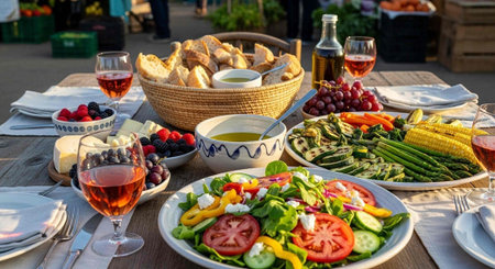 A beautifully set table with a variety of food and drinks outdoors on a sunny day