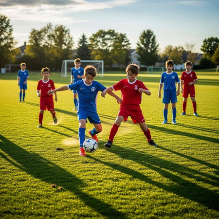 A group of young boys playing soccer on a green field with a blue sky in the background