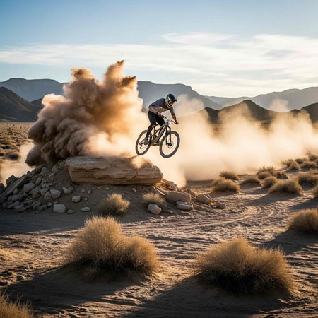 A mountain biker performs a daring stunt off a rocky outcropping in a desert landscape at sunset